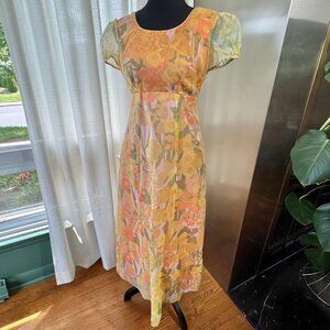 Vintage 1970s maxi dress, orange green pink floral, sheer short puff sleeves